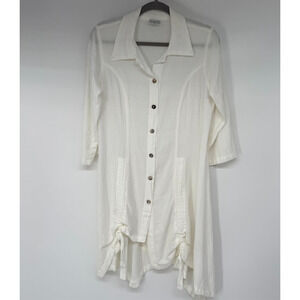 C.M.C Shirt Tunic Dress Womens Small White Tie Front Mother of Pearl Button USA